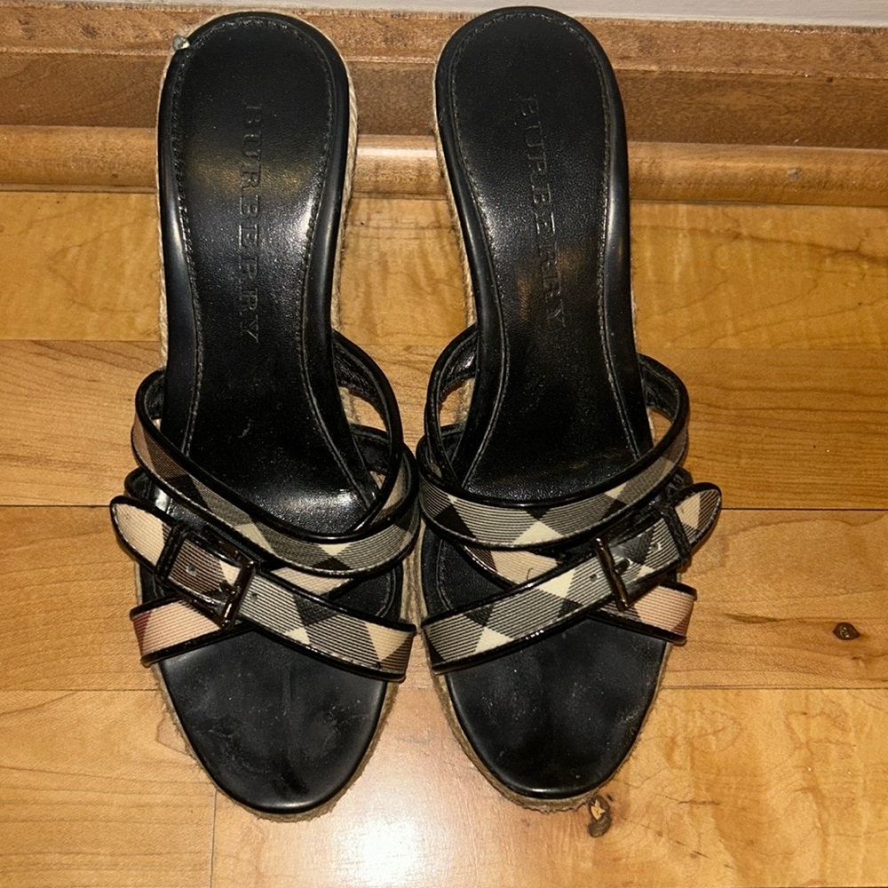 Burberry Black Patent Leather Nova Check Canvas Espadrille Wedge Sandal Size 36 - Picture 6 of 6